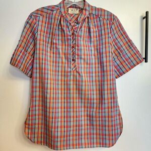Vintage 70s MLM Rainbow Checkered Button Up Short Sleeve Top Small Mod Retro
